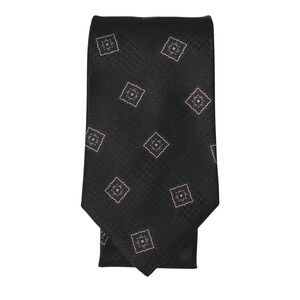John Ashford Black Silk Necktie 3.75" Wide Geometric Pattern Classic Mens Tie